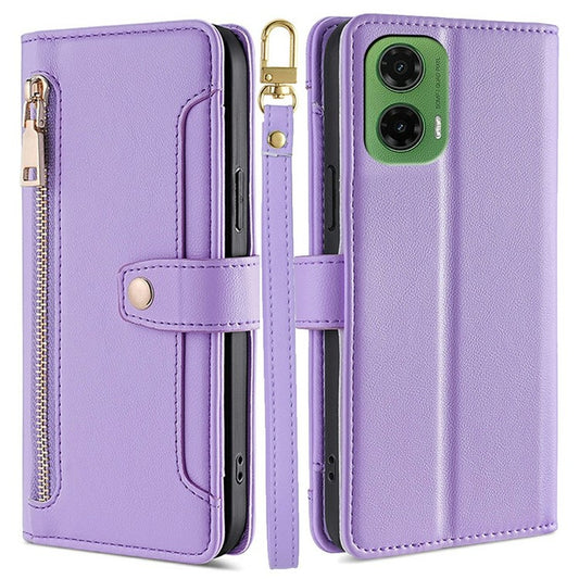 For Motorola Moto G35 5G Leather Case Zipper Pocket Wallet Phone Cover with 2 Straps - Purple