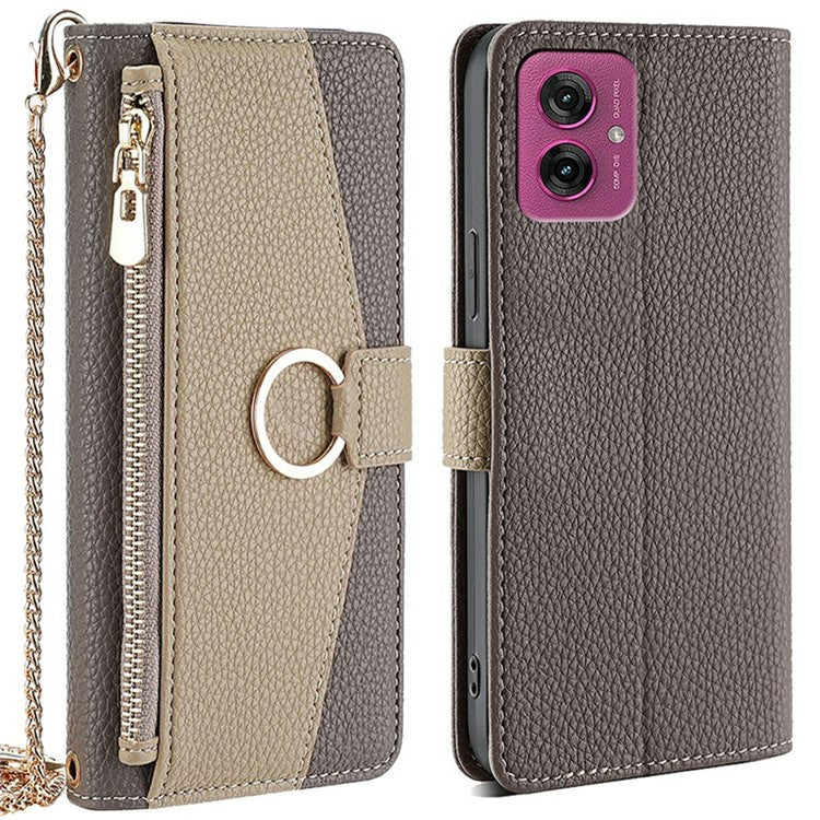 For Motorola Moto G55 5G Case Mirror Wallet Leather Phone Cover with Chain Shoulder Strap - Grey