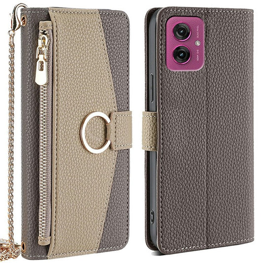 For Motorola Moto G55 5G Case Mirror Wallet Leather Phone Cover with Chain Shoulder Strap - Grey
