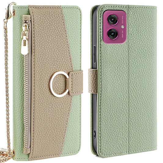 For Motorola Moto G55 5G Case Mirror Wallet Leather Phone Cover with Chain Shoulder Strap - Green
