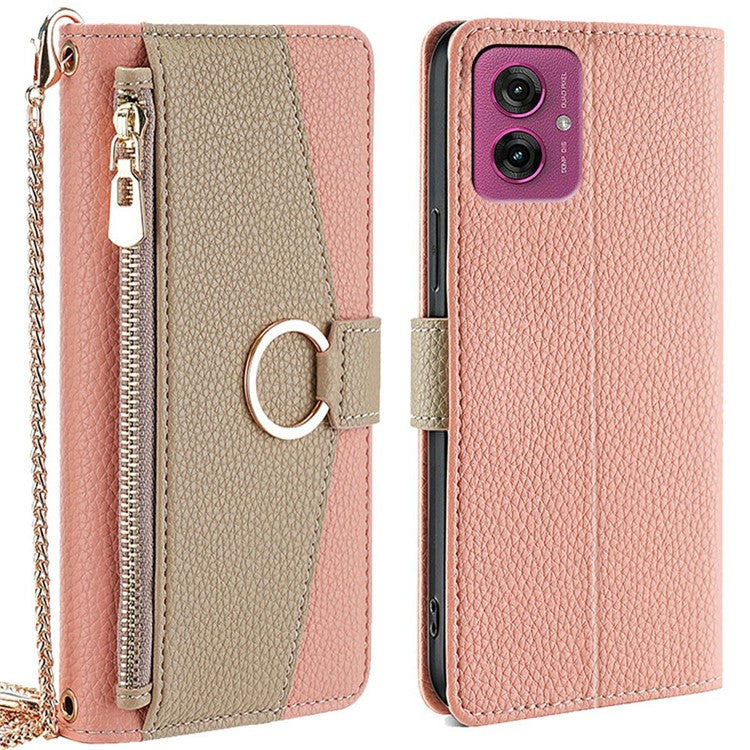 For Motorola Moto G55 5G Case Mirror Wallet Leather Phone Cover with Chain Shoulder Strap - Pink