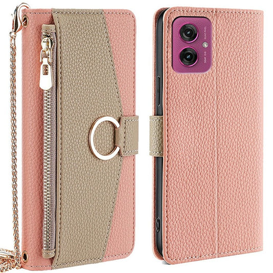 For Motorola Moto G55 5G Case Mirror Wallet Leather Phone Cover with Chain Shoulder Strap - Pink
