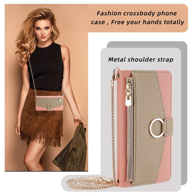 For Motorola Moto G55 5G Case Mirror Wallet Leather Phone Cover with Chain Shoulder Strap - Pink