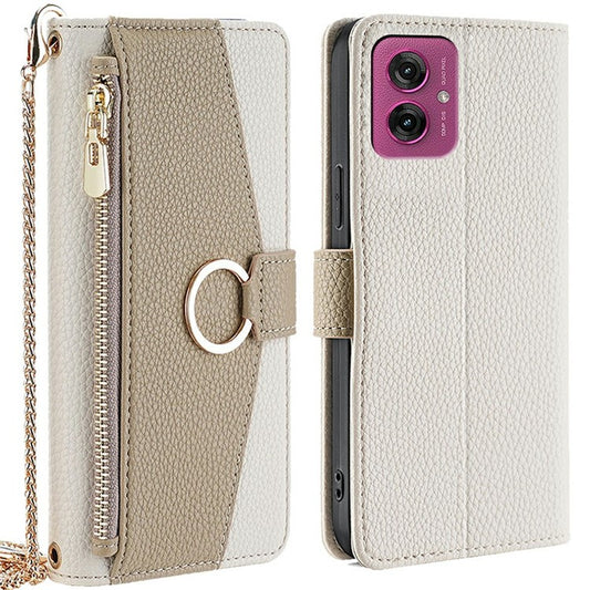For Motorola Moto G55 5G Case Mirror Wallet Leather Phone Cover with Chain Shoulder Strap - White