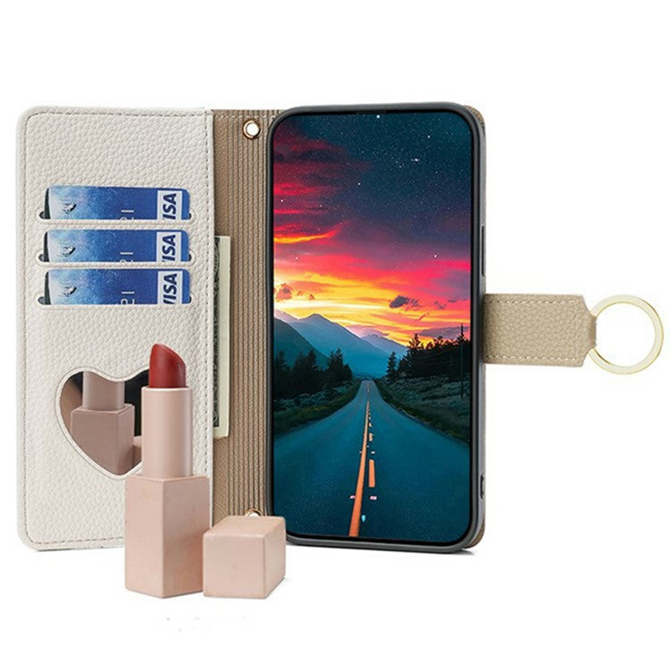 For Motorola Moto G55 5G Case Mirror Wallet Leather Phone Cover with Chain Shoulder Strap - White