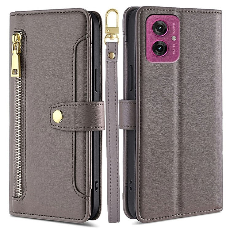 For Motorola Moto G55 5G Leather Case Zipper Pocket Wallet Phone Cover with 2 Straps - Grey