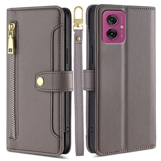 For Motorola Moto G55 5G Leather Case Zipper Pocket Wallet Phone Cover with 2 Straps - Grey