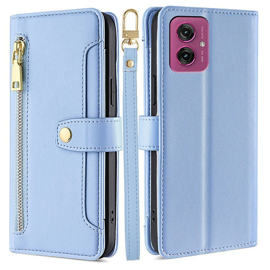 For Motorola Moto G55 5G Leather Case Zipper Pocket Wallet Phone Cover with 2 Straps - Blue