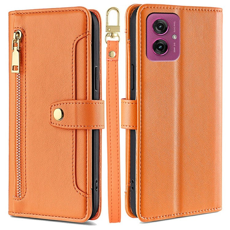For Motorola Moto G55 5G Leather Case Zipper Pocket Wallet Phone Cover with 2 Straps - Orange