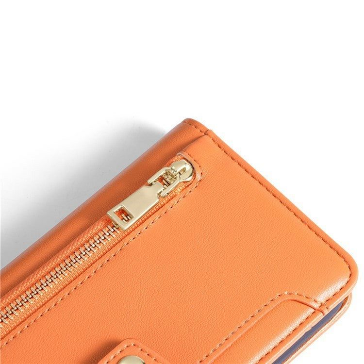 For Motorola Moto G55 5G Leather Case Zipper Pocket Wallet Phone Cover with 2 Straps - Orange
