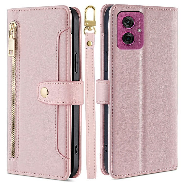 For Motorola Moto G55 5G Leather Case Zipper Pocket Wallet Phone Cover with 2 Straps - Pink