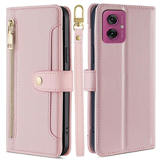For Motorola Moto G55 5G Leather Case Zipper Pocket Wallet Phone Cover with 2 Straps - Pink