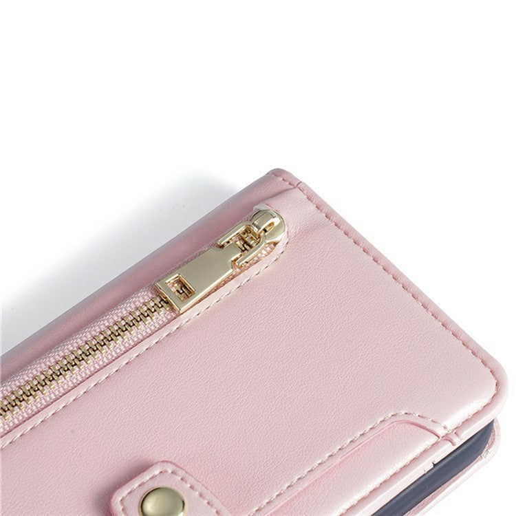 For Motorola Moto G55 5G Leather Case Zipper Pocket Wallet Phone Cover with 2 Straps - Pink