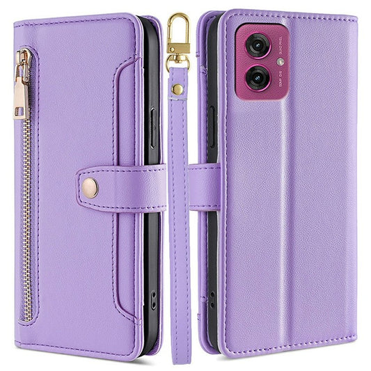 For Motorola Moto G55 5G Leather Case Zipper Pocket Wallet Phone Cover with 2 Straps - Purple