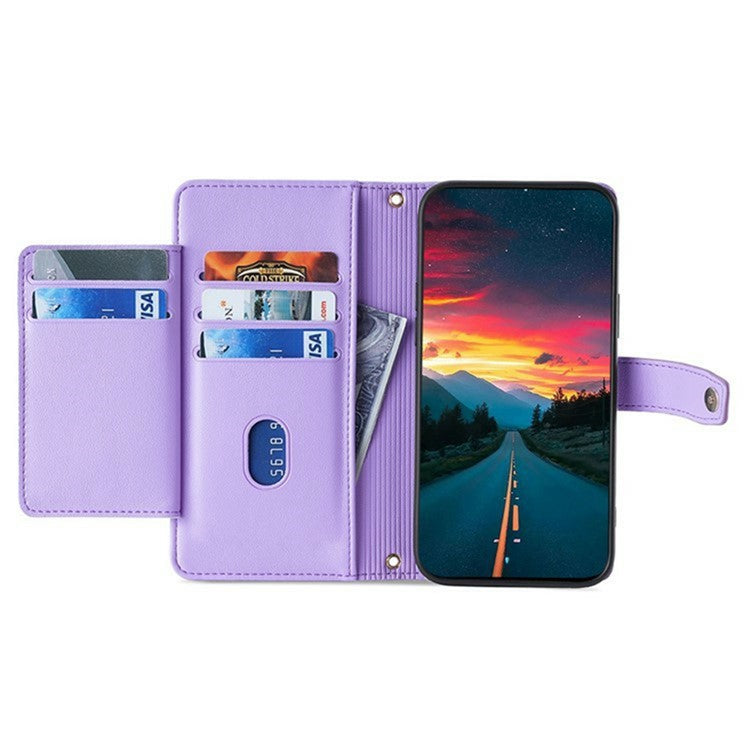 For Motorola Moto G55 5G Leather Case Zipper Pocket Wallet Phone Cover with 2 Straps - Purple