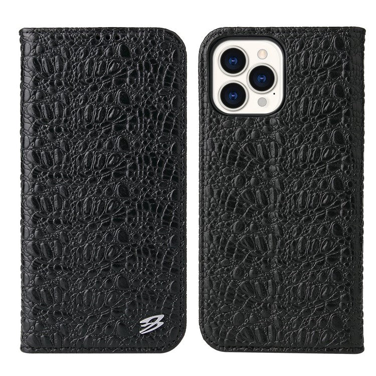 Anti-fall Phone Case For iPhone 14 Pro, Top Layer Cowhide Leather Crocodile Texture Cell Phone Wallet Cover with Foldable Stand - Black