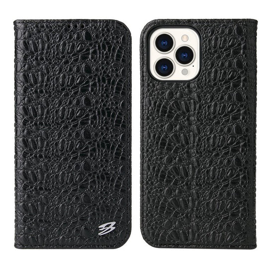 Anti-fall Phone Case For iPhone 14 Pro, Top Layer Cowhide Leather Crocodile Texture Cell Phone Wallet Cover with Foldable Stand - Black