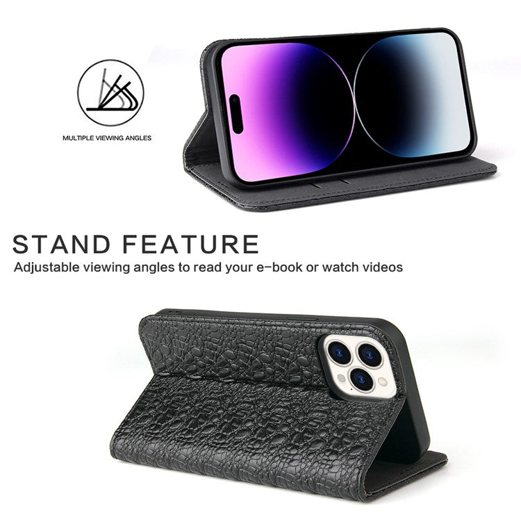 Anti-fall Phone Case For iPhone 14 Pro, Top Layer Cowhide Leather Crocodile Texture Cell Phone Wallet Cover with Foldable Stand - Black