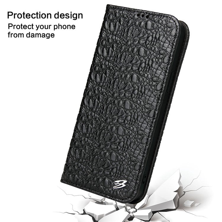 Anti-fall Phone Case For iPhone 14 Pro, Top Layer Cowhide Leather Crocodile Texture Cell Phone Wallet Cover with Foldable Stand - Black
