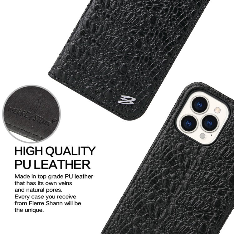 Anti-fall Phone Case For iPhone 14 Pro, Top Layer Cowhide Leather Crocodile Texture Cell Phone Wallet Cover with Foldable Stand - Black