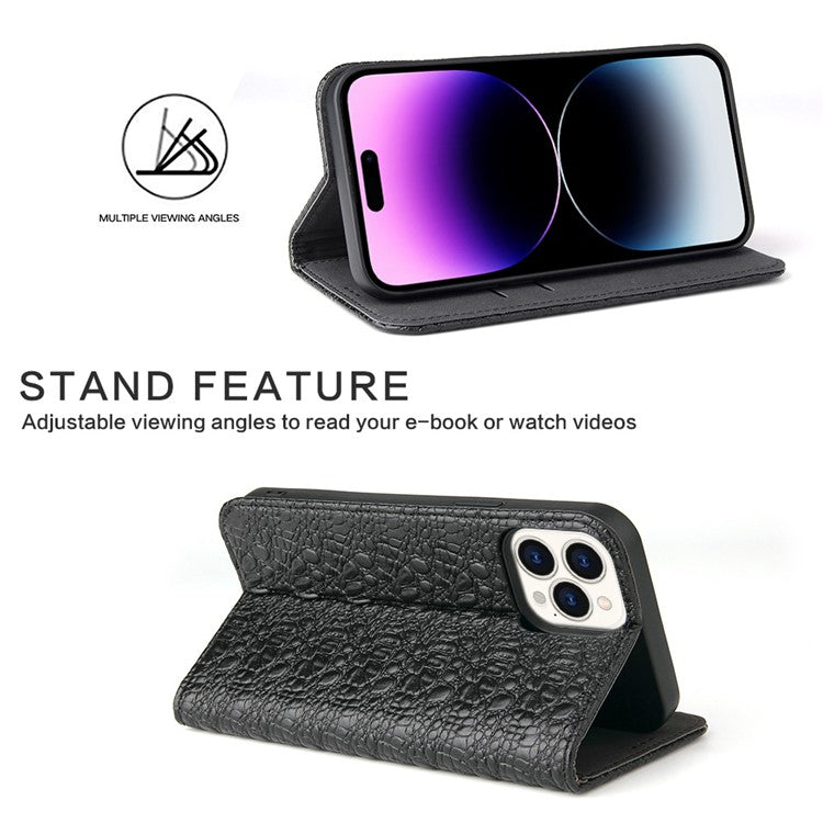 Protective Phone Case For iPhone 14 Pro Max Wallet Stand Auto-absorbed Magnetic Top Layer Cowhide Leather Crocodile Texture Cell Phone Cover - Black