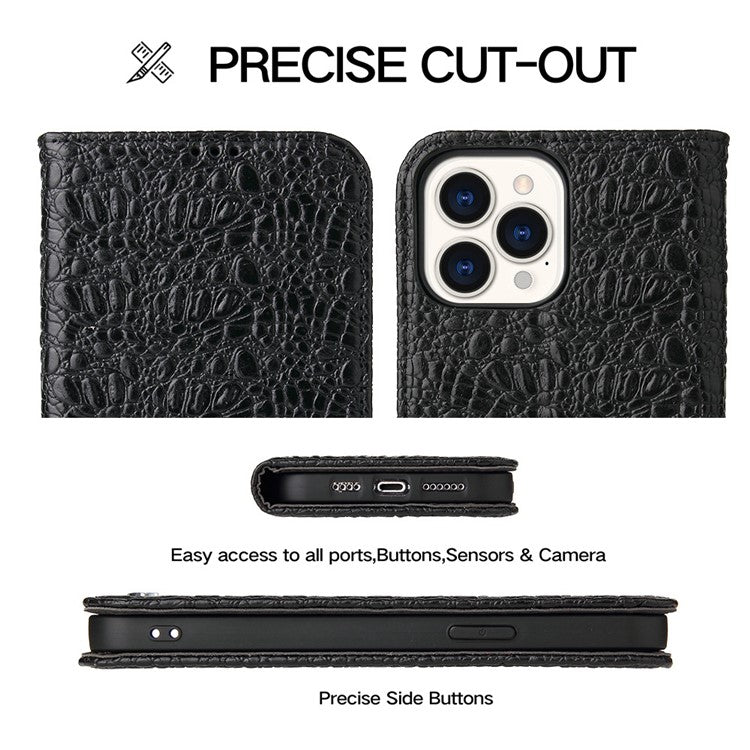 Protective Phone Case For iPhone 14 Pro Max Wallet Stand Auto-absorbed Magnetic Top Layer Cowhide Leather Crocodile Texture Cell Phone Cover - Black