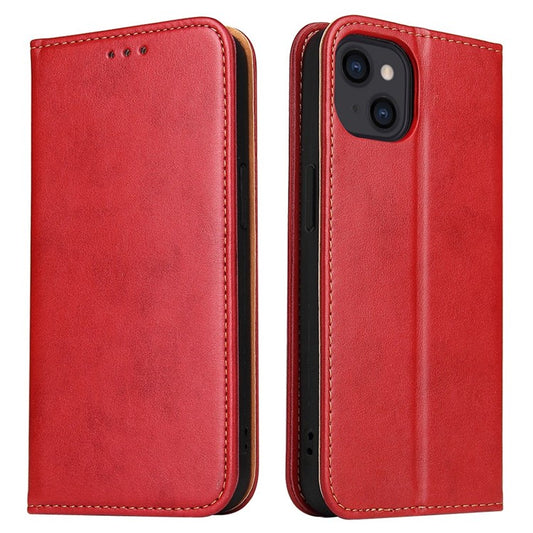 FIERRE SHANN for iPhone 14 Plus Anti-fall Phone Case Stand Auto-absorbed Magnetic Closure PU Leather Protective Phone Wallet Cover - Red