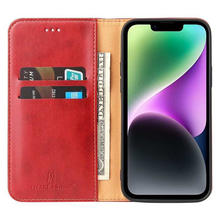 FIERRE SHANN for iPhone 14 Plus Anti-fall Phone Case Stand Auto-absorbed Magnetic Closure PU Leather Protective Phone Wallet Cover - Red