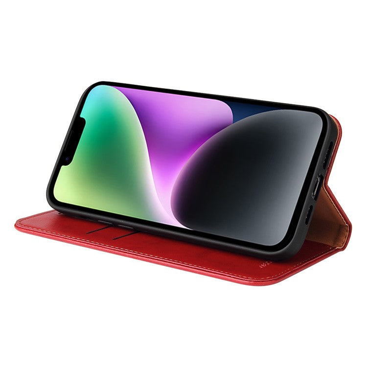 FIERRE SHANN for iPhone 14 Plus Anti-fall Phone Case Stand Auto-absorbed Magnetic Closure PU Leather Protective Phone Wallet Cover - Red