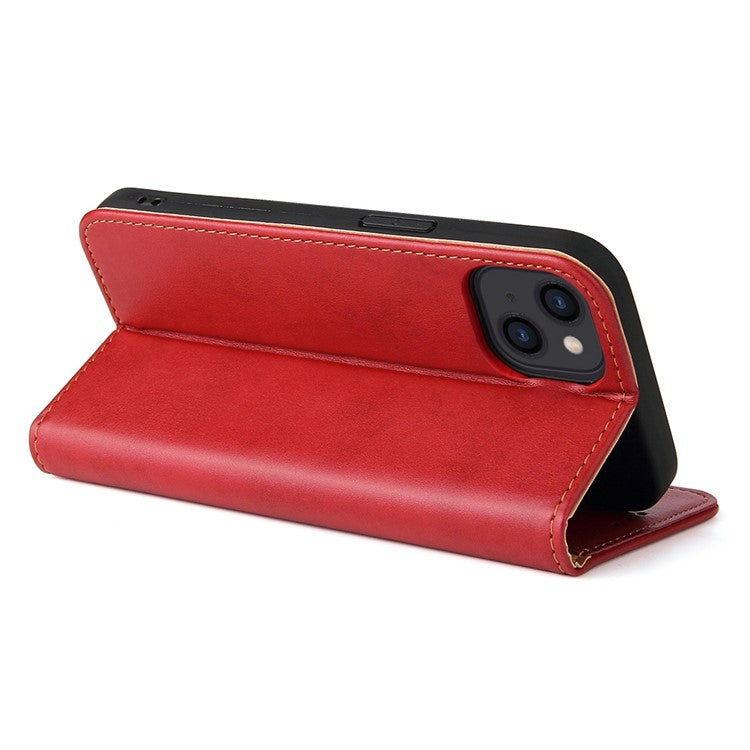 FIERRE SHANN for iPhone 14 Plus Anti-fall Phone Case Stand Auto-absorbed Magnetic Closure PU Leather Protective Phone Wallet Cover - Red