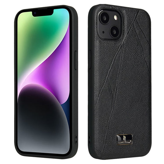 FIERRE SHANN For iPhone 14 Anti-scratch Ultra Slim Phone Case Hardware Decor PU Leather Coated TPU Back Cover - Striped Litchi Pattern