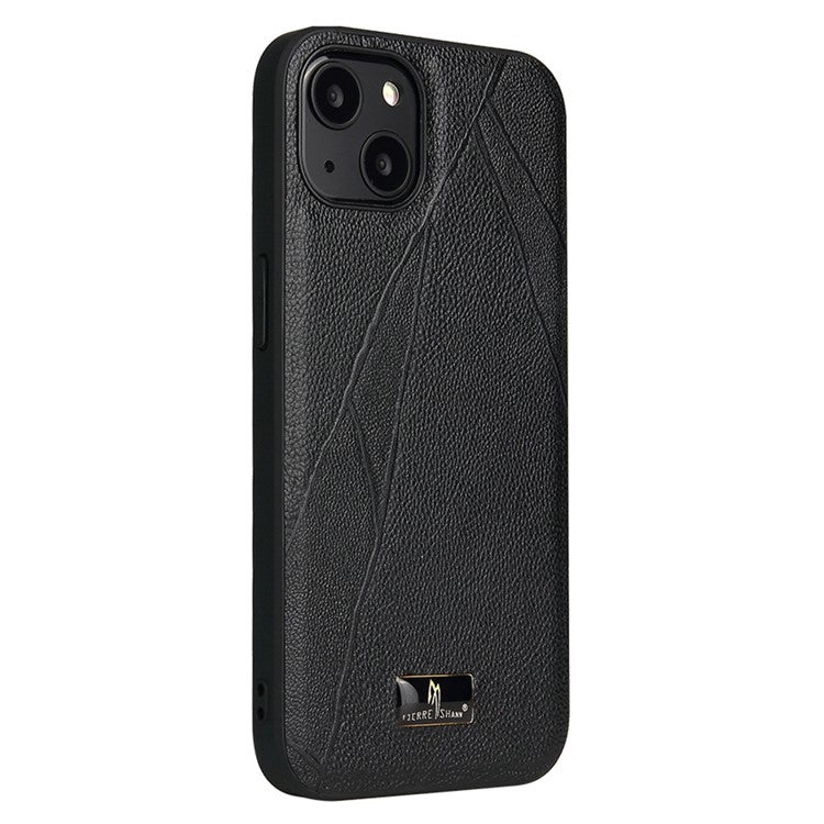 FIERRE SHANN For iPhone 14 Anti-scratch Ultra Slim Phone Case Hardware Decor PU Leather Coated TPU Back Cover - Striped Litchi Pattern