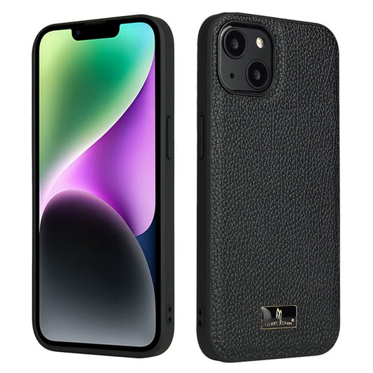 FIERRE SHANN For iPhone 14 Anti-scratch Ultra Slim Phone Case Hardware Decor PU Leather Coated TPU Back Cover - Litchi Pattern