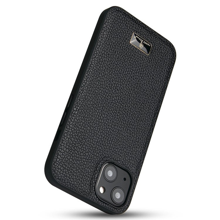 FIERRE SHANN For iPhone 14 Anti-scratch Ultra Slim Phone Case Hardware Decor PU Leather Coated TPU Back Cover - Litchi Pattern