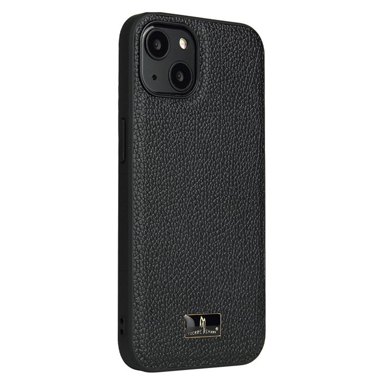 FIERRE SHANN For iPhone 14 Anti-scratch Ultra Slim Phone Case Hardware Decor PU Leather Coated TPU Back Cover - Litchi Pattern