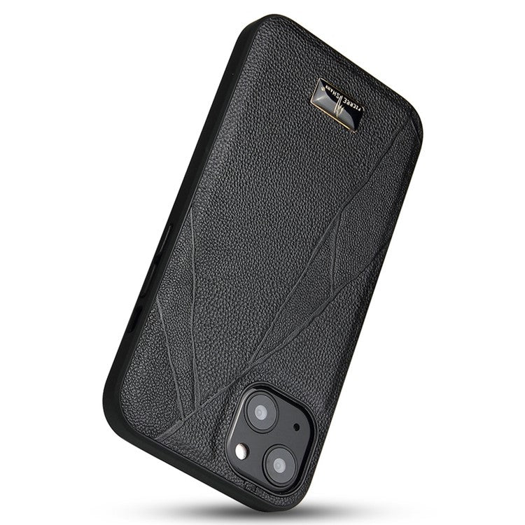 FIERRE SHANN For iPhone 14 Plus Hardware Decor Slim Phone Case Drop-proof PU Leather Coated TPU Cover - Striped Litchi Pattern