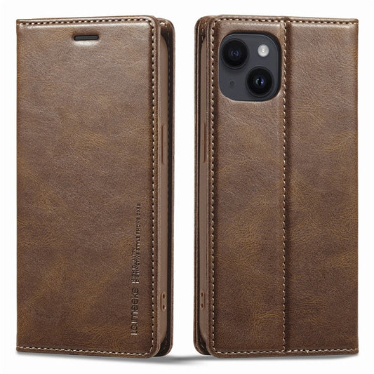 LC.IMEEKE For iPhone 14 RFID Blocking Stand Wallet Case PU Leather Magnetic Auto-absorbed Protective Phone Cover - Brown