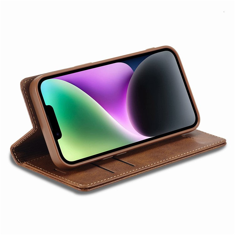 LC.IMEEKE For iPhone 14 RFID Blocking Stand Wallet Case PU Leather Magnetic Auto-absorbed Protective Phone Cover - Brown
