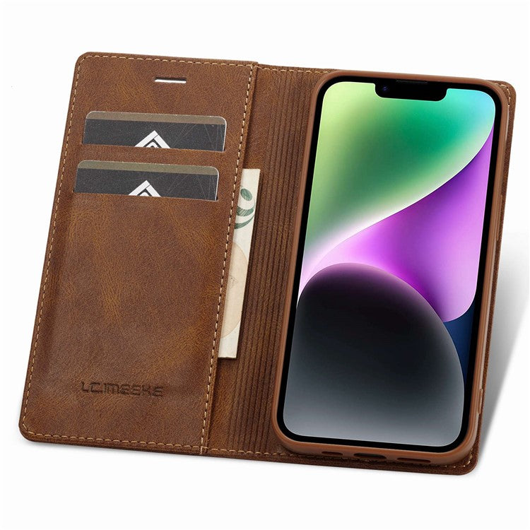 LC.IMEEKE For iPhone 14 RFID Blocking Stand Wallet Case PU Leather Magnetic Auto-absorbed Protective Phone Cover - Brown