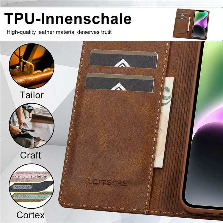 LC.IMEEKE For iPhone 14 RFID Blocking Stand Wallet Case PU Leather Magnetic Auto-absorbed Protective Phone Cover - Brown