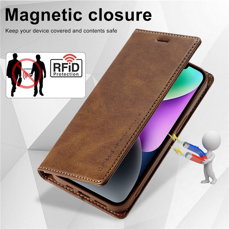 LC.IMEEKE For iPhone 14 RFID Blocking Stand Wallet Case PU Leather Magnetic Auto-absorbed Protective Phone Cover - Brown