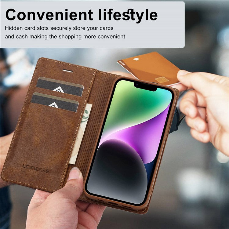 LC.IMEEKE For iPhone 14 RFID Blocking Stand Wallet Case PU Leather Magnetic Auto-absorbed Protective Phone Cover - Brown