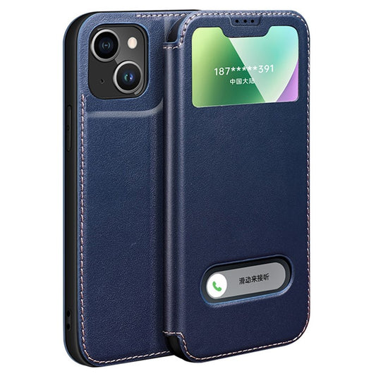 Anti-Fall Phone Case for iPhone 14 Plus Folio Flip Protective Cover Genuine Cowhide Leather Phone Stand Case with Dual Window View - Sapphire