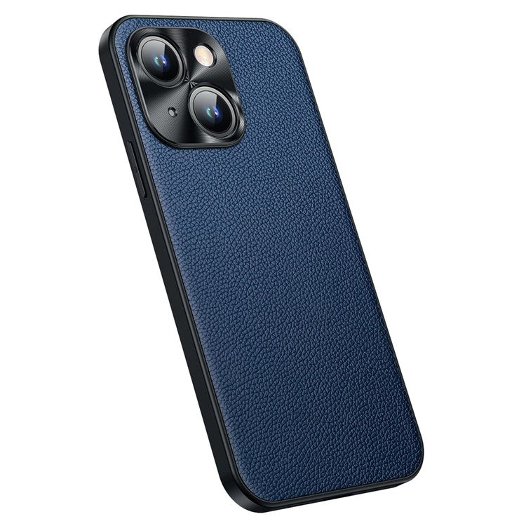 Protective Case for iPhone 14 Anti-Drop Phone Case Cowhide Leather Litchi Texture TPU Back Cover with Metal Camera Frame - Sapphire