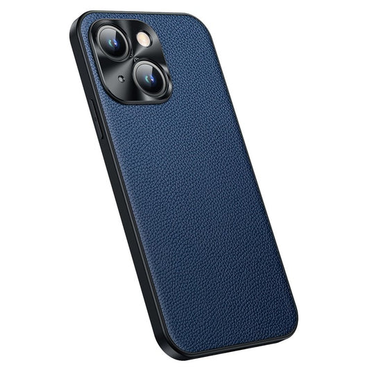 Protective Case for iPhone 14 Anti-Drop Phone Case Cowhide Leather Litchi Texture TPU Back Cover with Metal Camera Frame - Sapphire