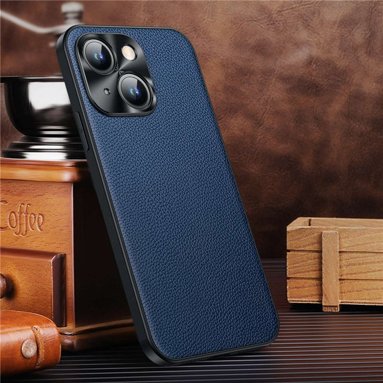 Protective Case for iPhone 14 Anti-Drop Phone Case Cowhide Leather Litchi Texture TPU Back Cover with Metal Camera Frame - Sapphire
