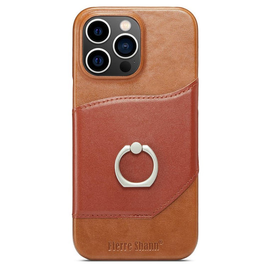 Imprinted Anti-Drop Phone Case for iPhone 14 Pro Max Genuine Leather Hard PC Phone Shell Shockproof Ring Kickstand Case with Card Holder - Brown