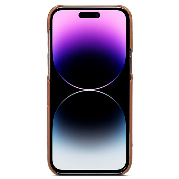Imprinted Anti-Drop Phone Case for iPhone 14 Pro Max Genuine Leather Hard PC Phone Shell Shockproof Ring Kickstand Case with Card Holder - Brown