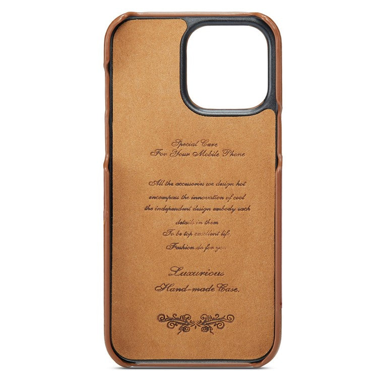 Imprinted Anti-Drop Phone Case for iPhone 14 Pro Max Genuine Leather Hard PC Phone Shell Shockproof Ring Kickstand Case with Card Holder - Brown