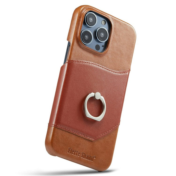 Imprinted Anti-Drop Phone Case for iPhone 14 Pro Max Genuine Leather Hard PC Phone Shell Shockproof Ring Kickstand Case with Card Holder - Brown